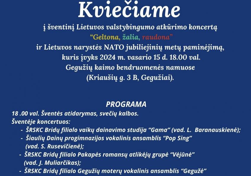 Koncertas, skirtas Lietuvos valstybės atkūrimo dienai ir NATO metų minėjimui  “Geltona, žalia, raudona” 