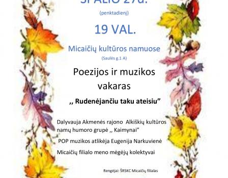 Poezijos ir muzikos vakaras   „Rudenėjančiu taku ateisiu”|